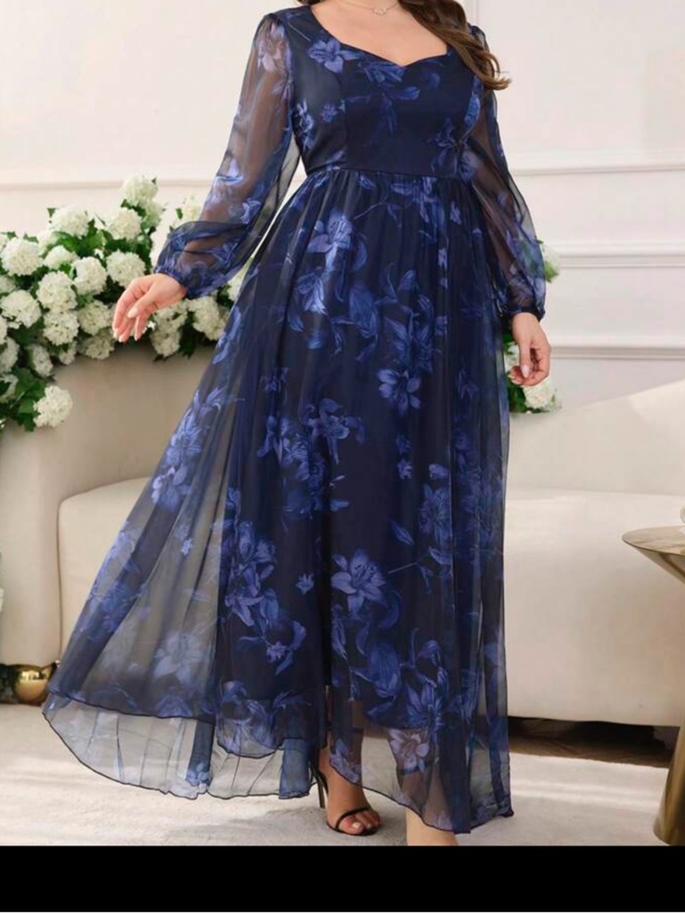 Navy Blue Floral Chiffon Maxi Dress Wedding Guest Plus Size sheer sleeves